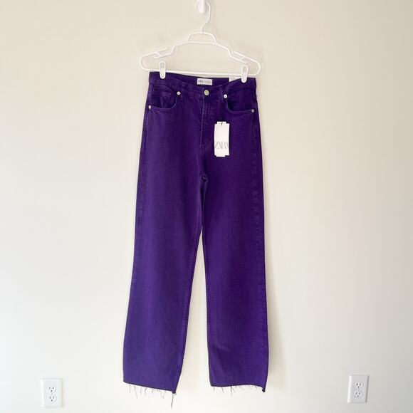 Zara NWT High-Rise Full Length Wide Leg Raw Hem Purple Denim Jeans, Size 4 - Picture 5 of 15